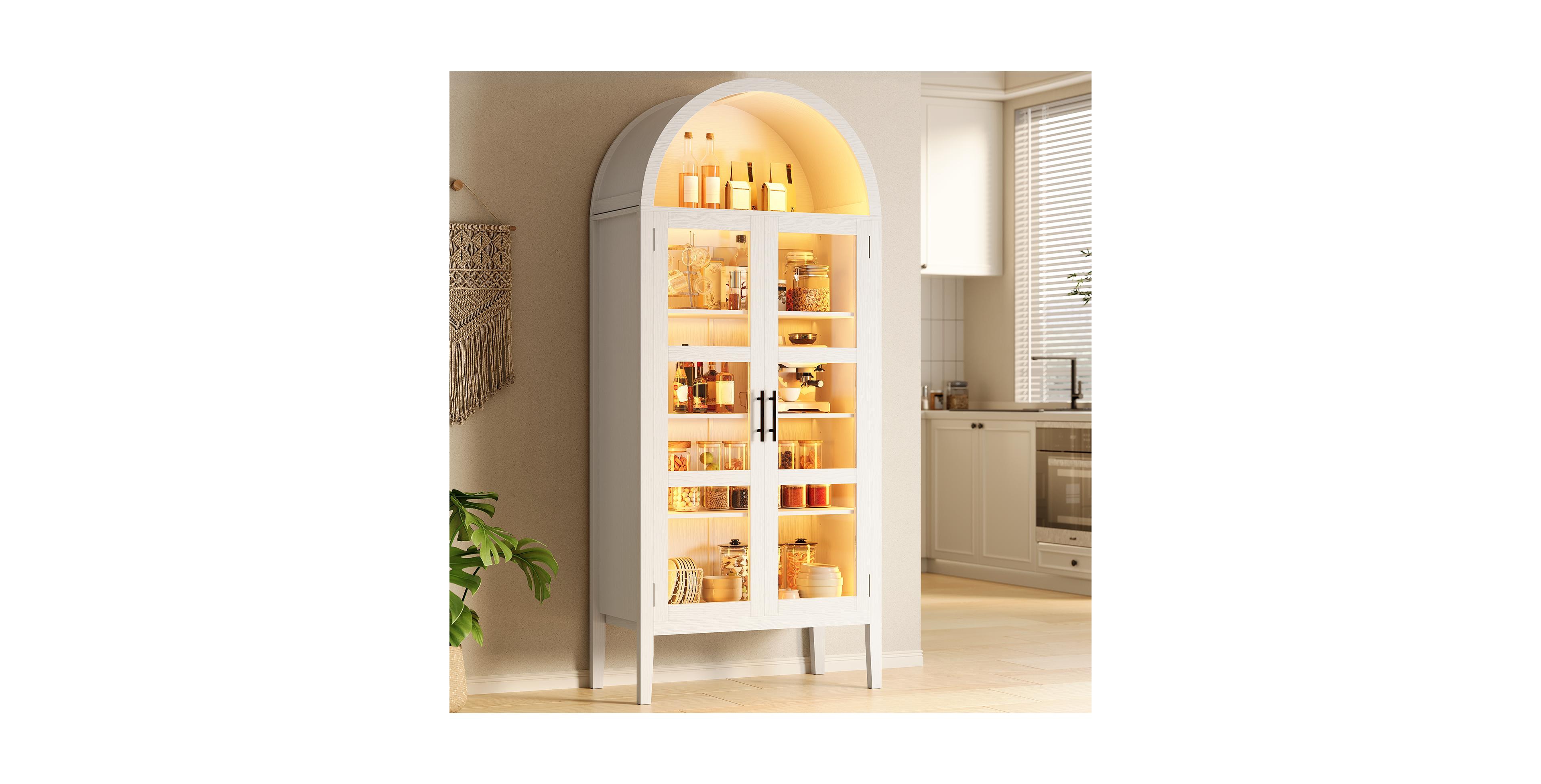 homfan 70" Tall Modern Arched Wood Pantry Storage Cabinet with Rgb Led Lights, Glass Doors and Adjustable Shelves for Kitchen, Dining and Living Room