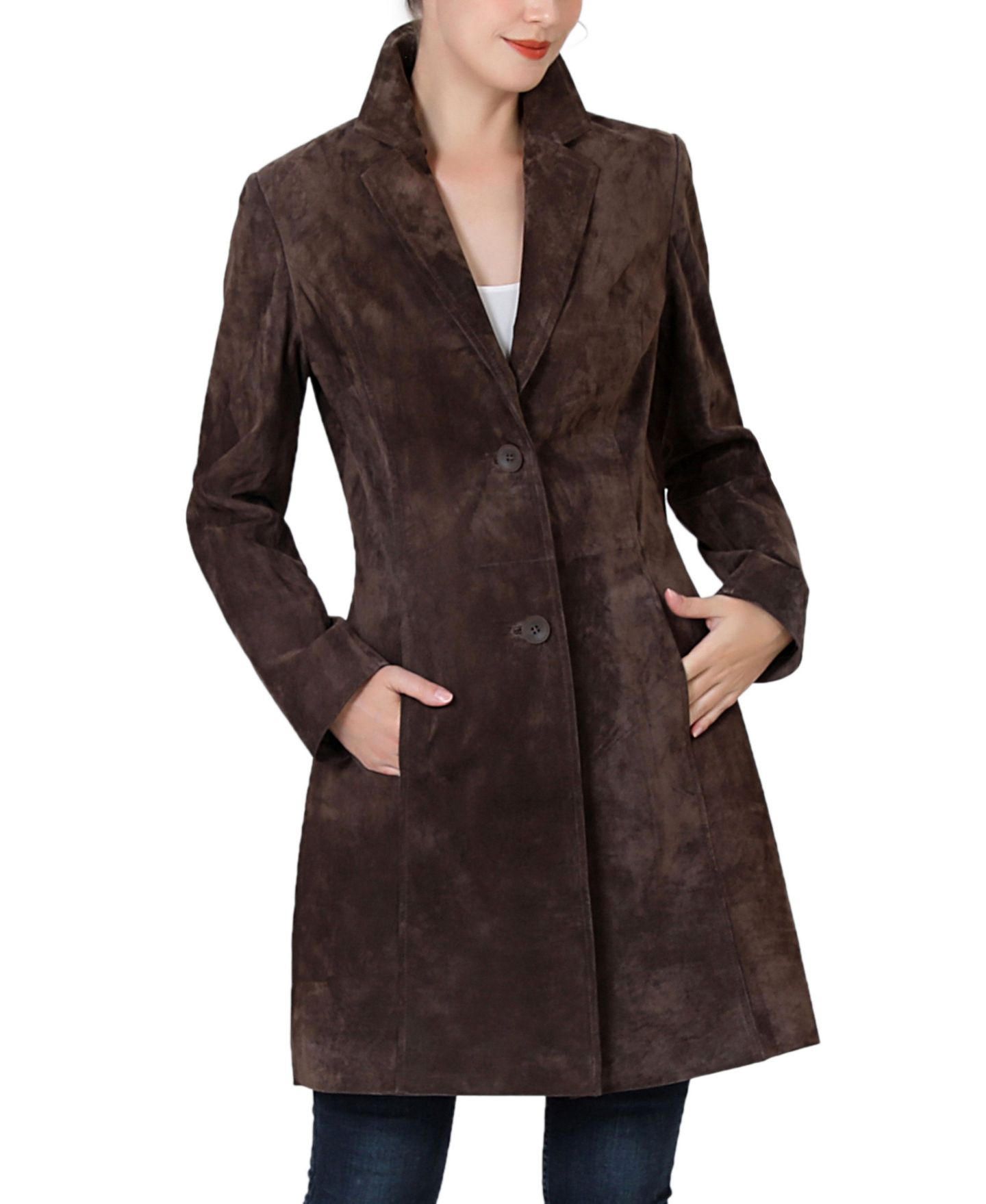 Женское пальто BGSD Mary Suede Leather Notch Lapel Button-Front, цвет: Коричневый — фото 3