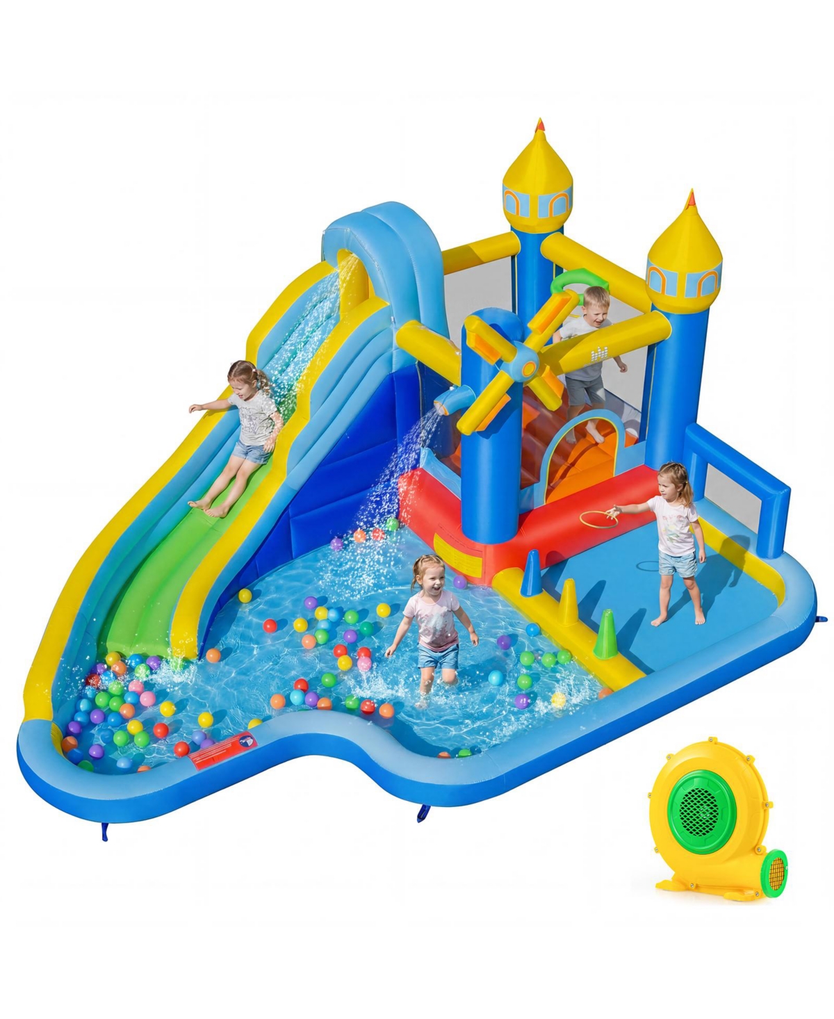 Costway Inflatable Water Slide Park with Slide Jumping Area Splash Pools 680W Blower - Blue