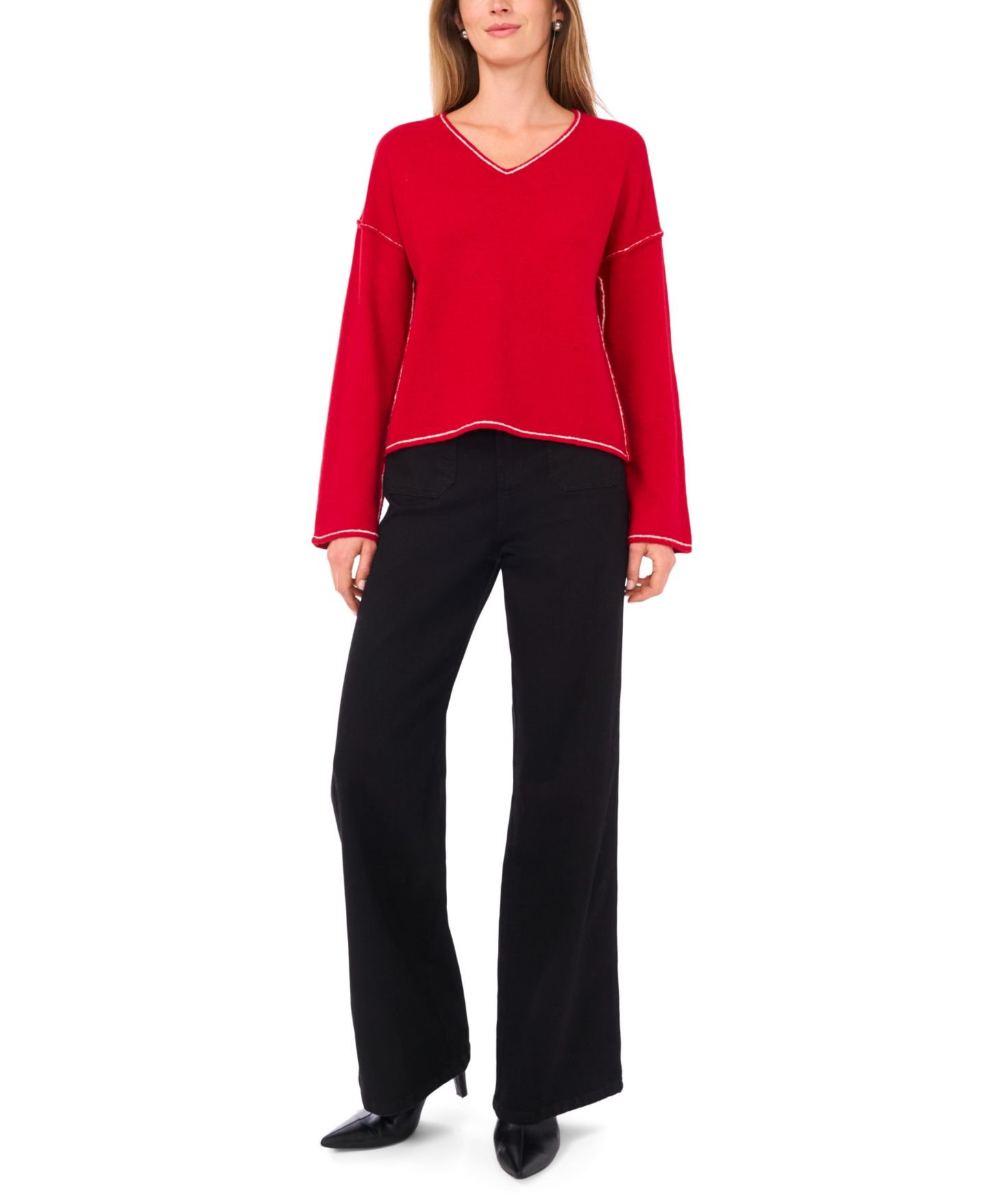 Женский свитер Vince Camuto V-Neck With Contrast Crochet, цвет: Красный — фото 2