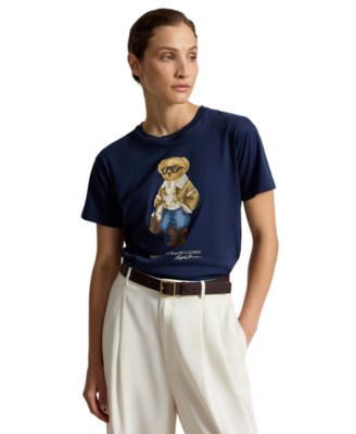 Women's Winter Polo Bear Graphic Crewneck Cotton T-Shirt