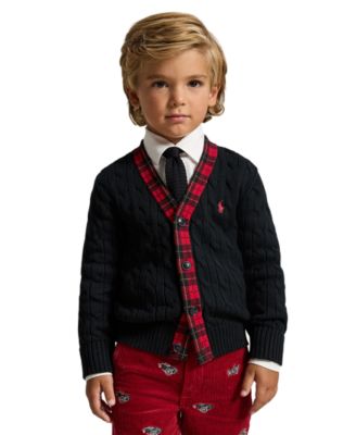Boys' 2T-7 Cable-Knit Plaid-Trim Cardigan