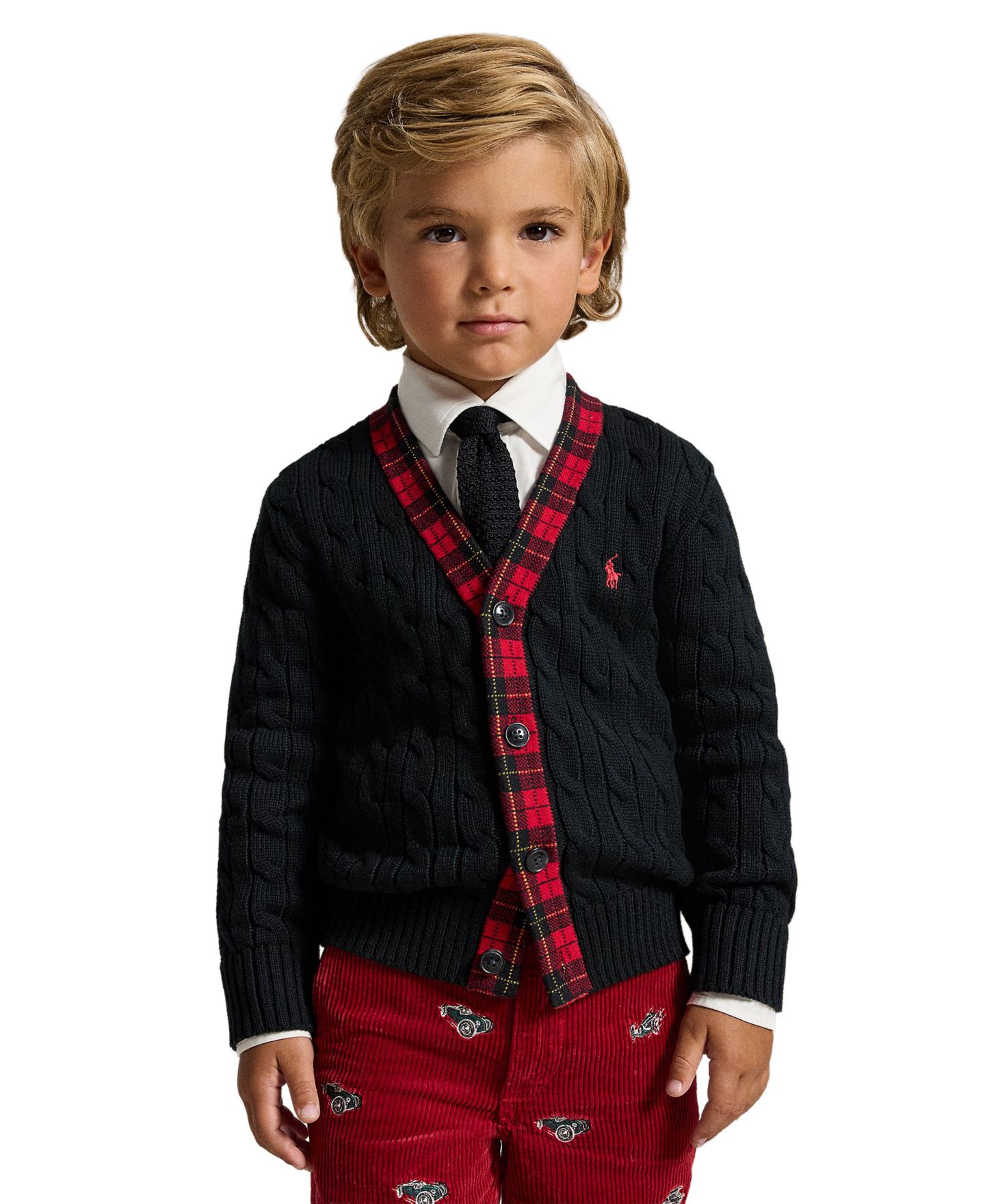 Детский кардиган Polo Ralph Lauren с косами и клетчатой отделкой, 2T-7, цвет: Чёрный — фото 1
