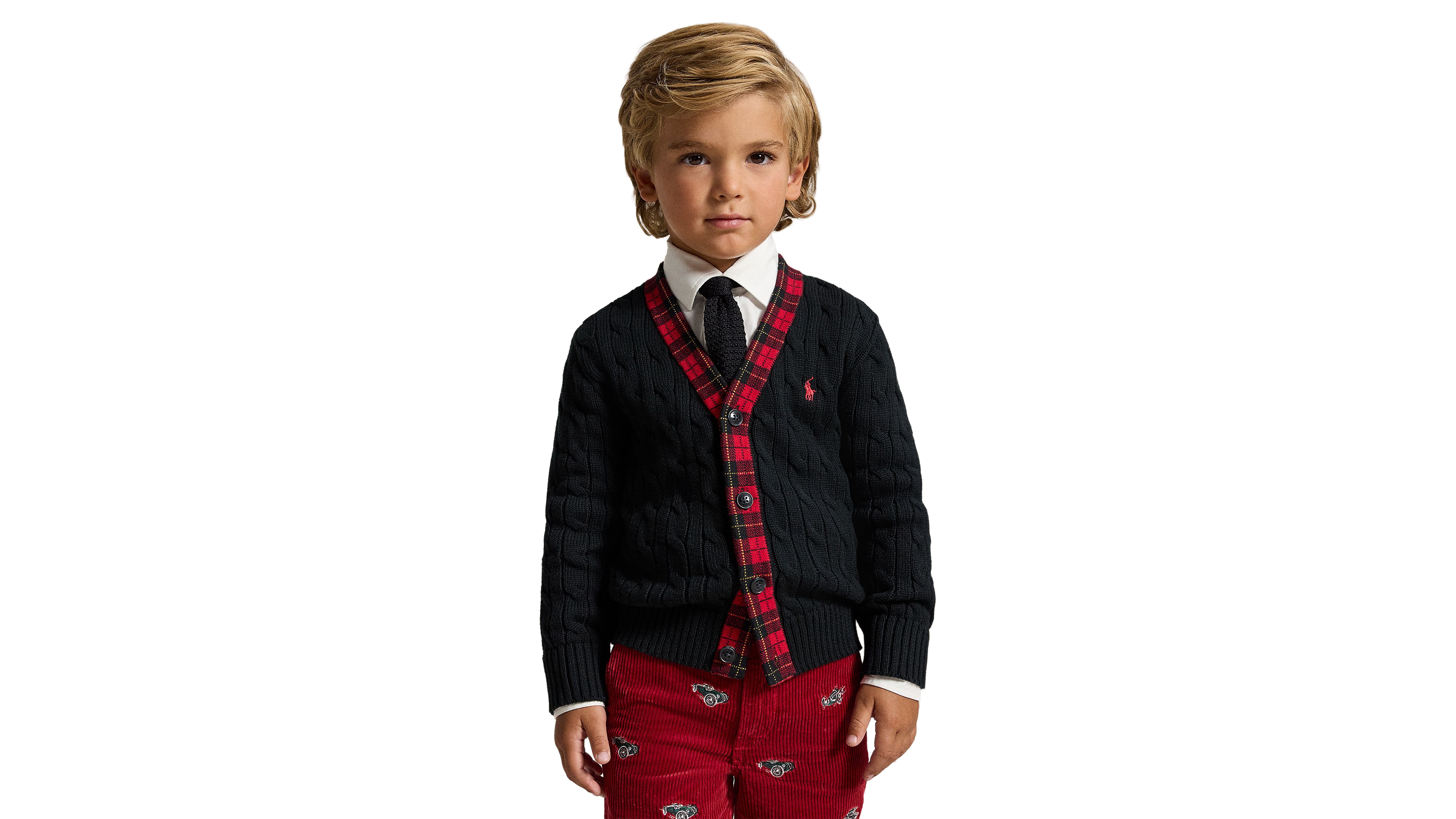 Polo Ralph Lauren Boys' 2T-7 Cable-Knit Plaid-Trim Cardigan