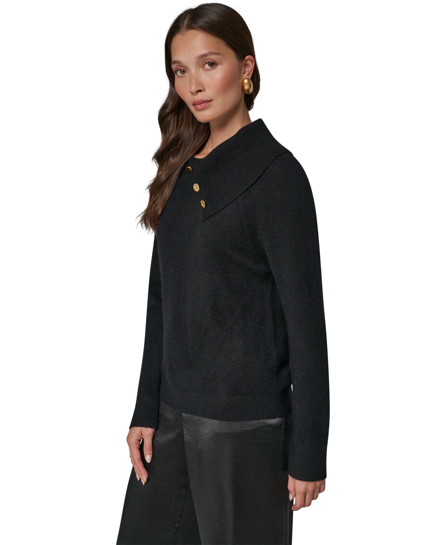 Женский свитер Donna Karan New York Split Collar with Buttons Cashmere Pullover, цвет: Чёрный — фото 3