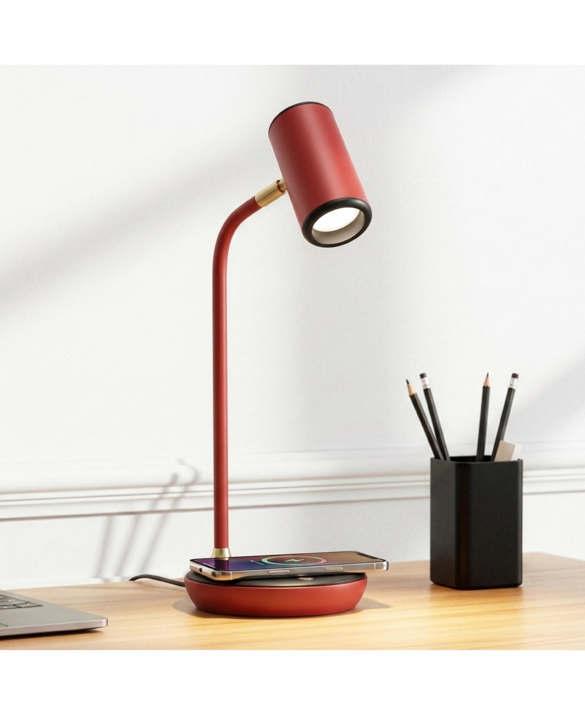 Brightech Ezra Red 16.5 Inch Led Table Lamp with Wireless Charging Pad and Color-Temperature-Changing Light