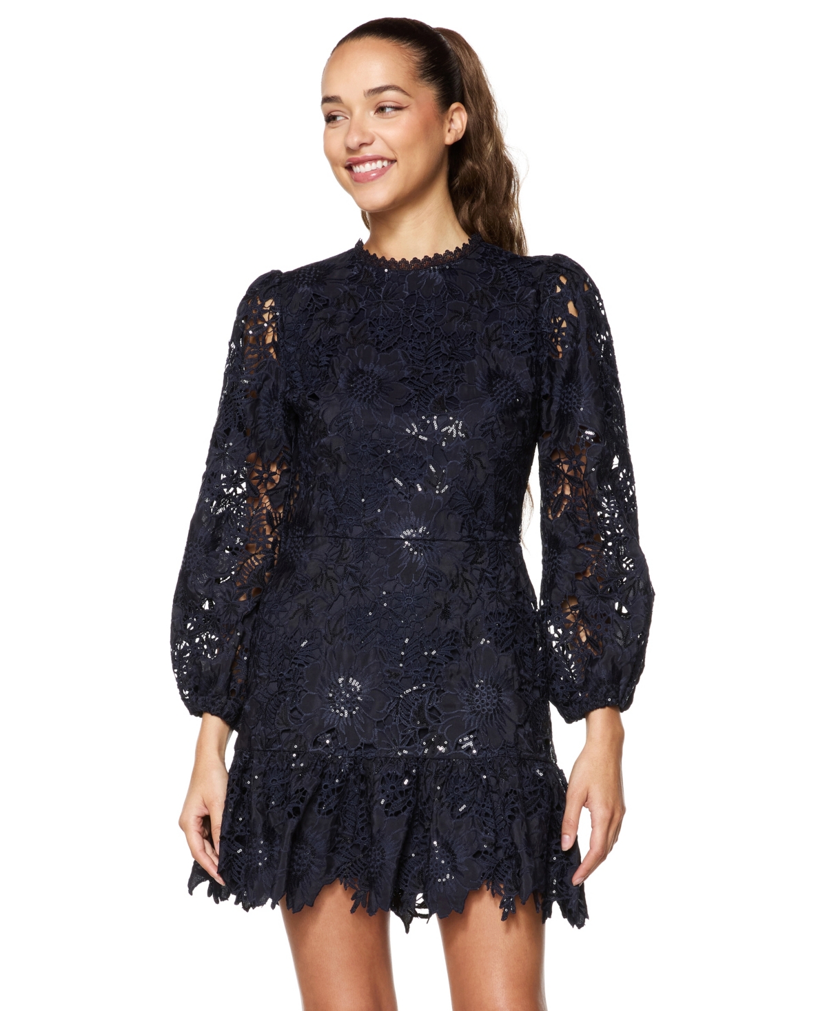Alex & Sophia Juniors' Long-Sleeve Embroidered Scalloped Dress