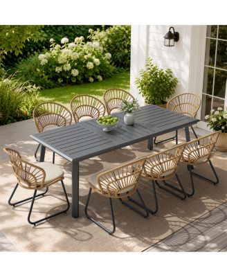 Piece Outdoor Aluminum Patio Dining Set 83" Large Rectangle Dining Table with Umbrella Hole and Rattan Chairs with Cushions