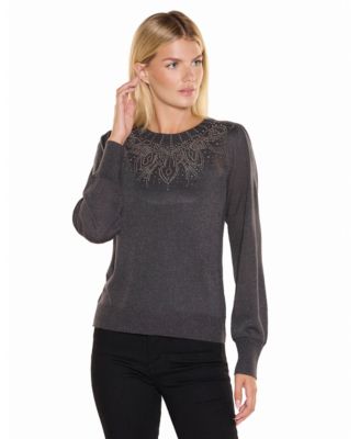 Women's Rhinestone-Embellished Long-Sleeve Crewneck Sweater