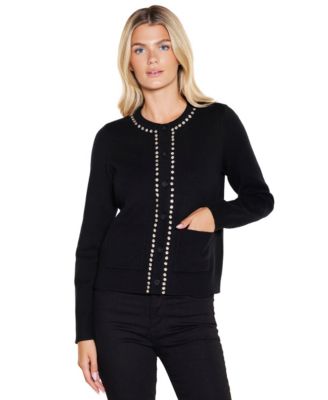 Women's Embellished Button-Front Long-Sleeve Cardigan Sweater