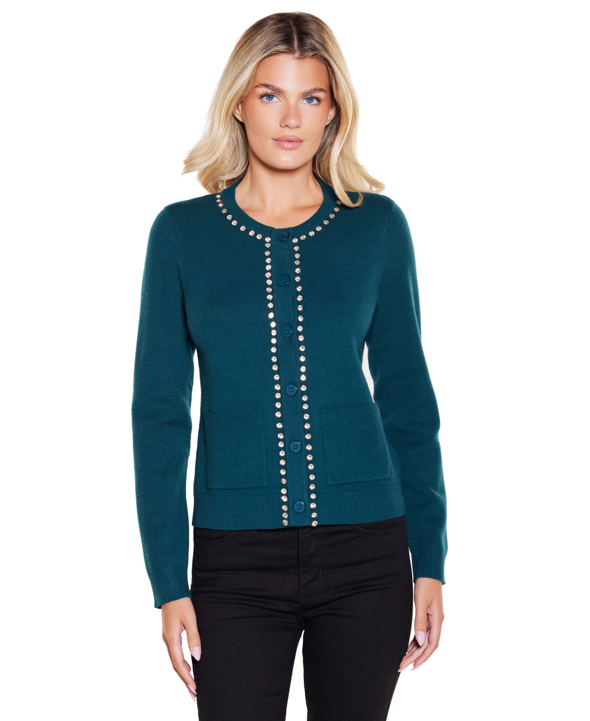 Belldini Women's Embellished Button-Front Long-Sleeve Cardigan - Winter Teal