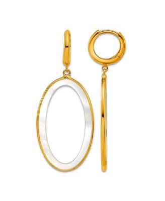 Solid 18k Yellow Gold Italian Mother of Pearl Dangle Open Oval Hinged Earrings 42x17mm