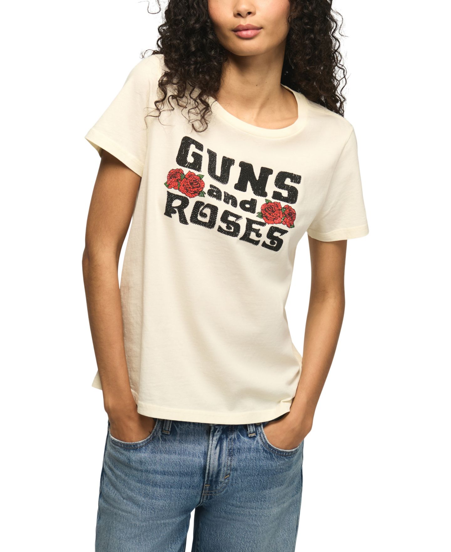 Женская футболка Lucky Brand Guns And Roses Embellished Graphic, цвет: Кремовый — фото 2