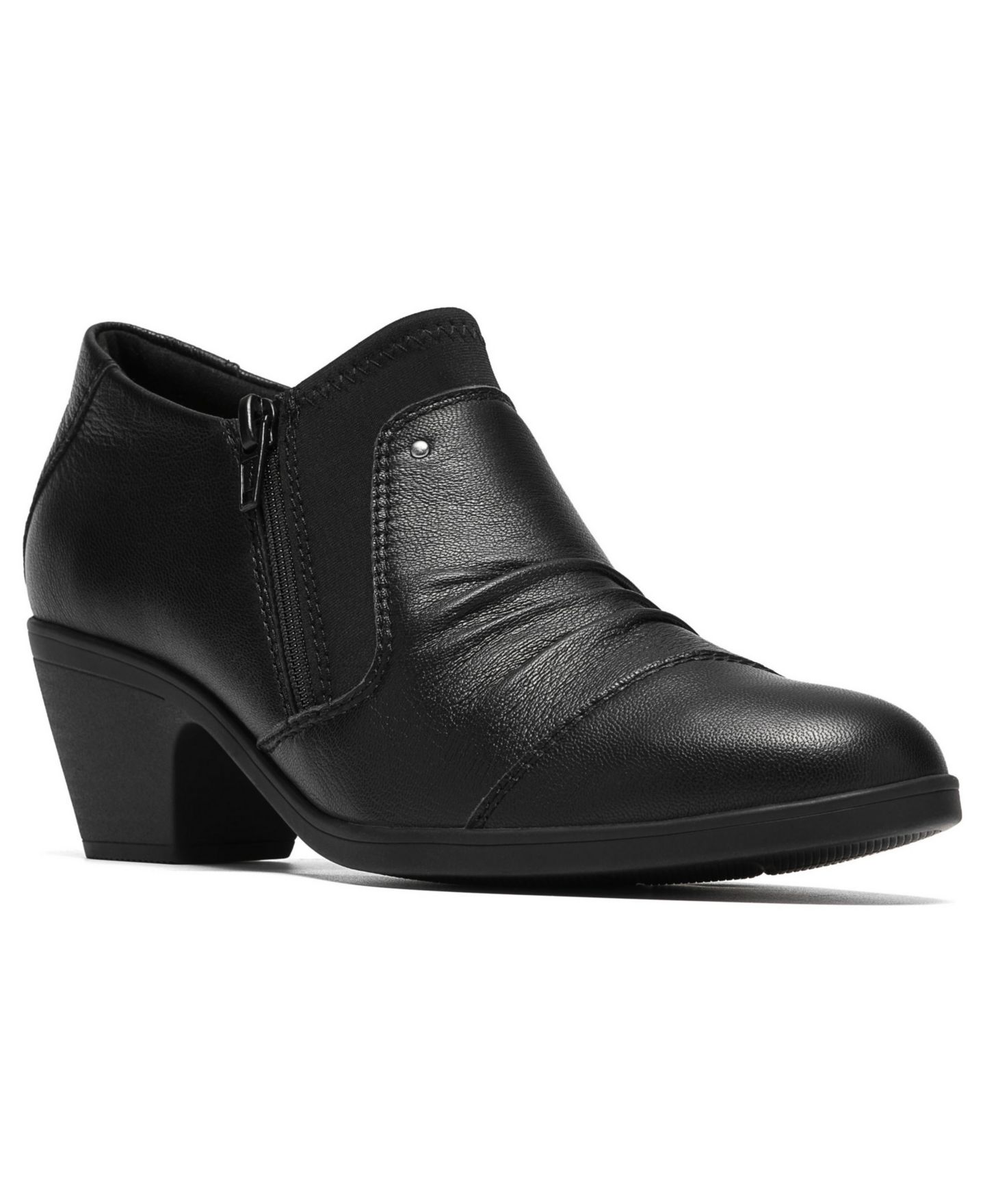 Женские туфли Clarks Emily2 Vine Round Toe Block Heel Ruched Shooties, цвет: Чёрный кожаный — фото 1