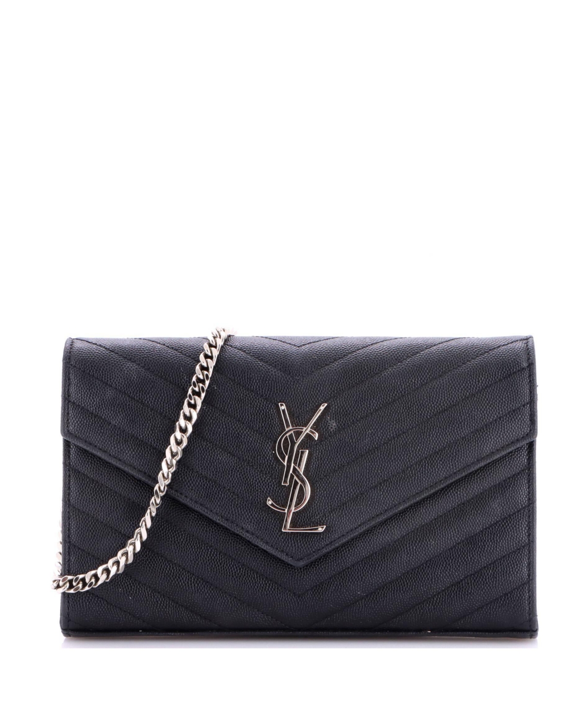 Pre-Owned Saint Laurent Medium Classic Monogram Wallet on Chain Matelasse Chevron Leather - Black