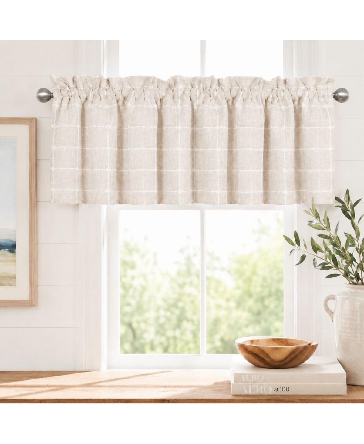 Kate Aurora Country Farmhouse Buffalo Plaid Beige Rod Pocket Window Valance