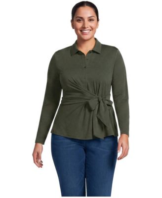 Plus Size Long-Sleeve Jersey Tie Detail Blouse