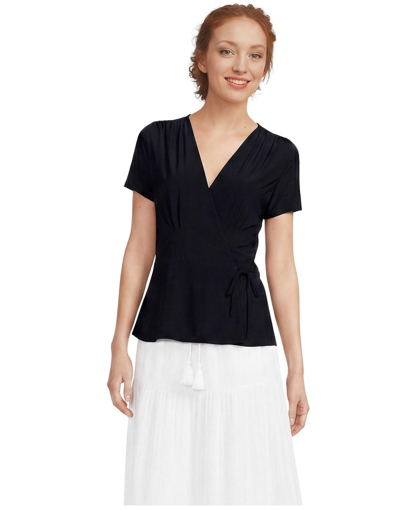 Женская блузка Lands' End Short-Sleeve V-Neck Peplum, цвет: Чёрный — фото 1