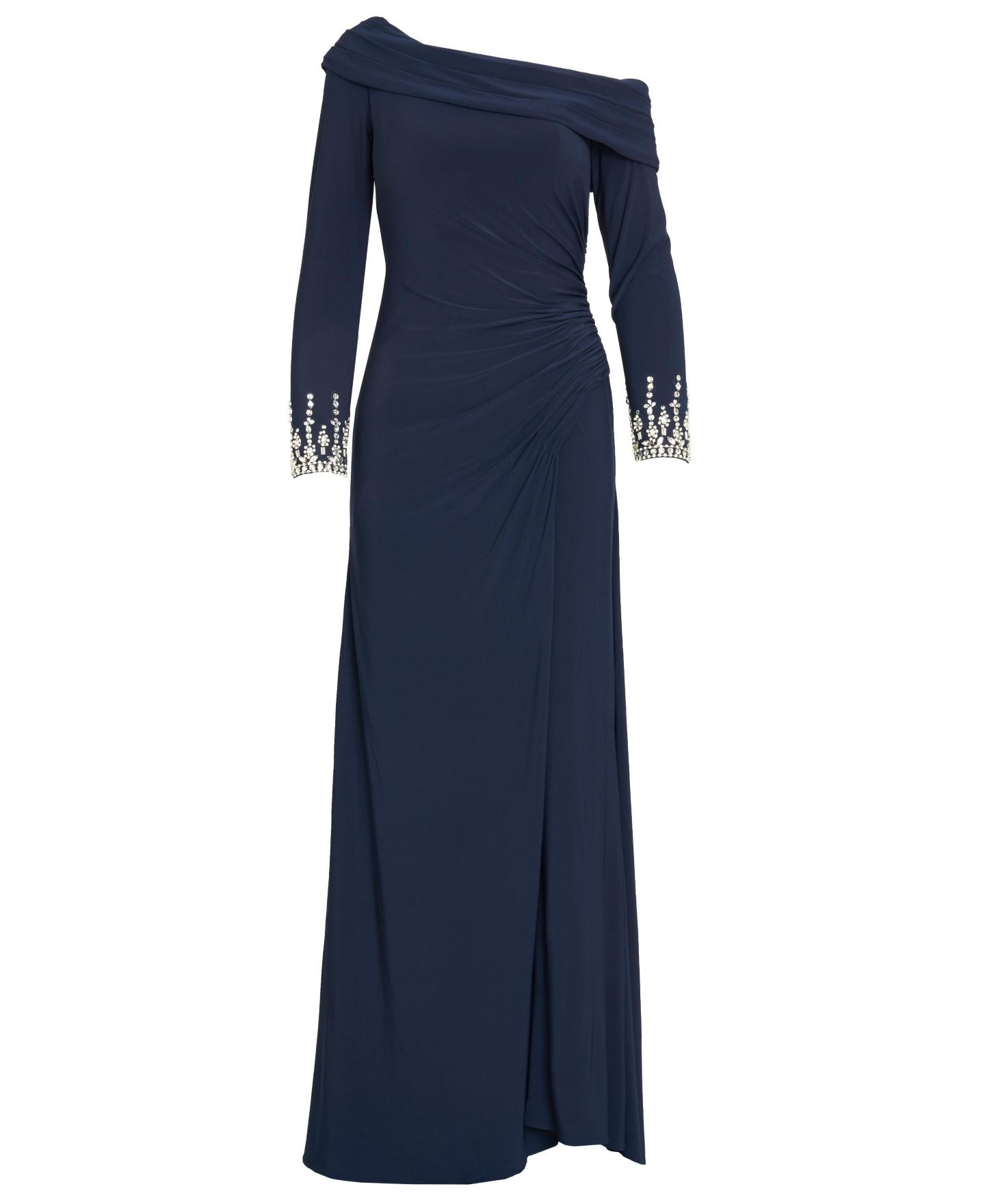 Женское платье Mac Duggal Beaded Cuff Drop Shoulder Faux Wrap Gown, цвет: Тёмно-синий — фото 4