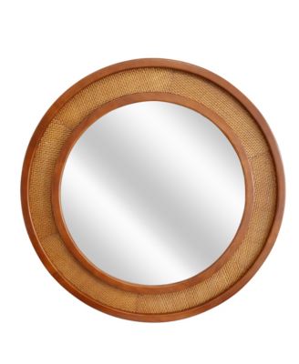 24 Inch Rattan Round Solid Wood Frame Decorative Wall Mirror Farmhouse Accent for Bathroom Entryway Home Decor