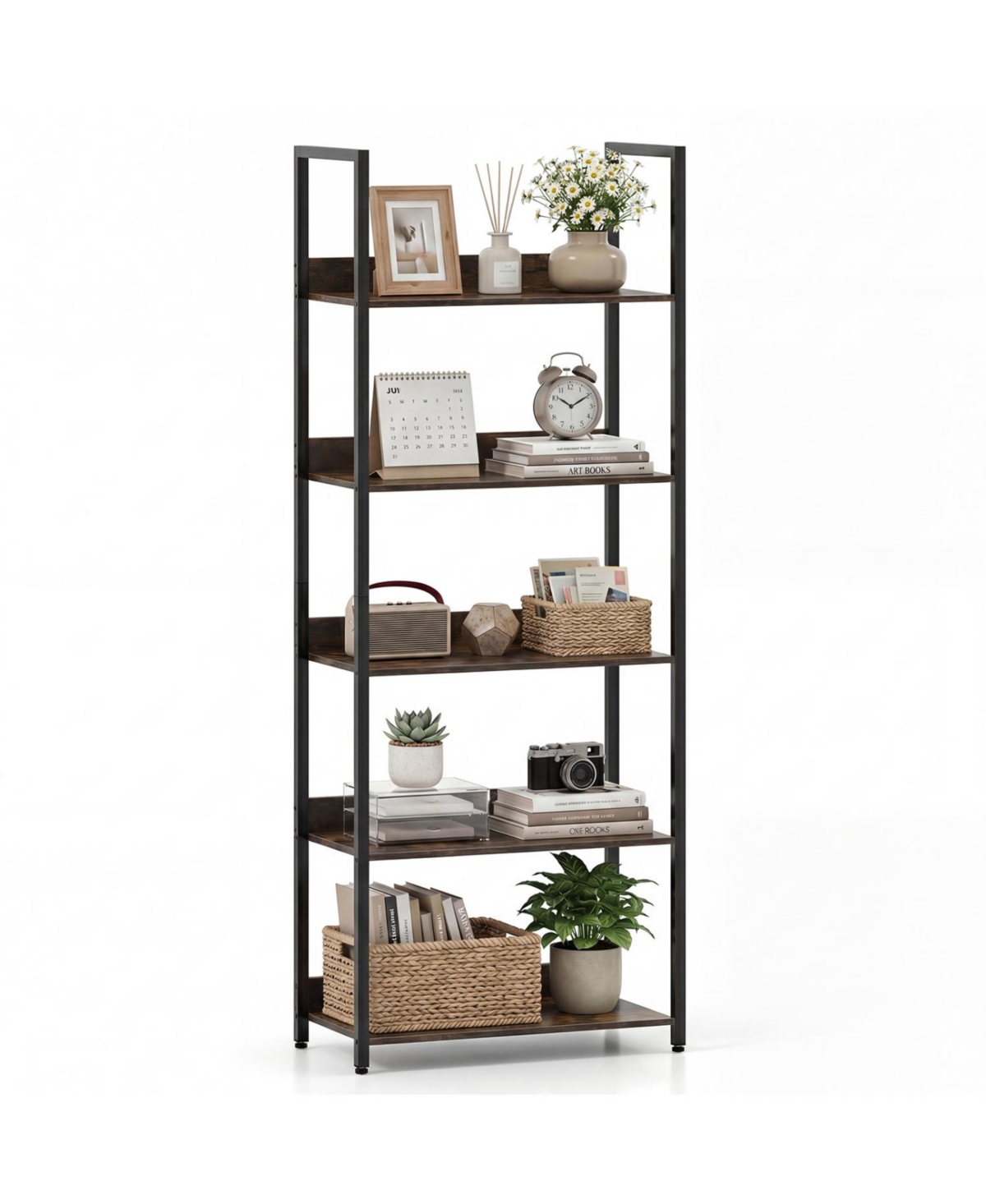 Mecale 5 Tier Bookshelf Tall Wooden Open Bookcase with Back Panels - Rustic brown