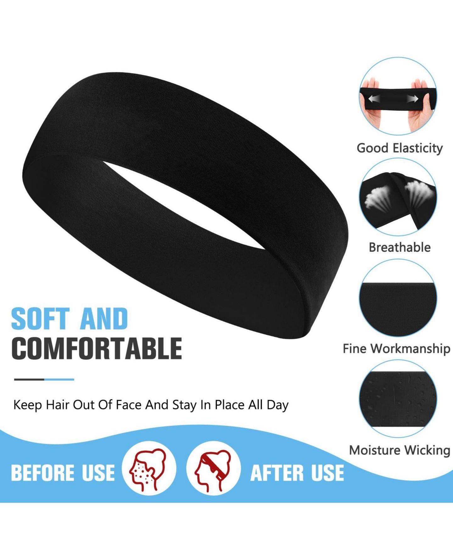 Женские аксессуары для волос Furlihong Stretchy Sport Headbands, 30-Pack, цвет: Чёрный — фото 2