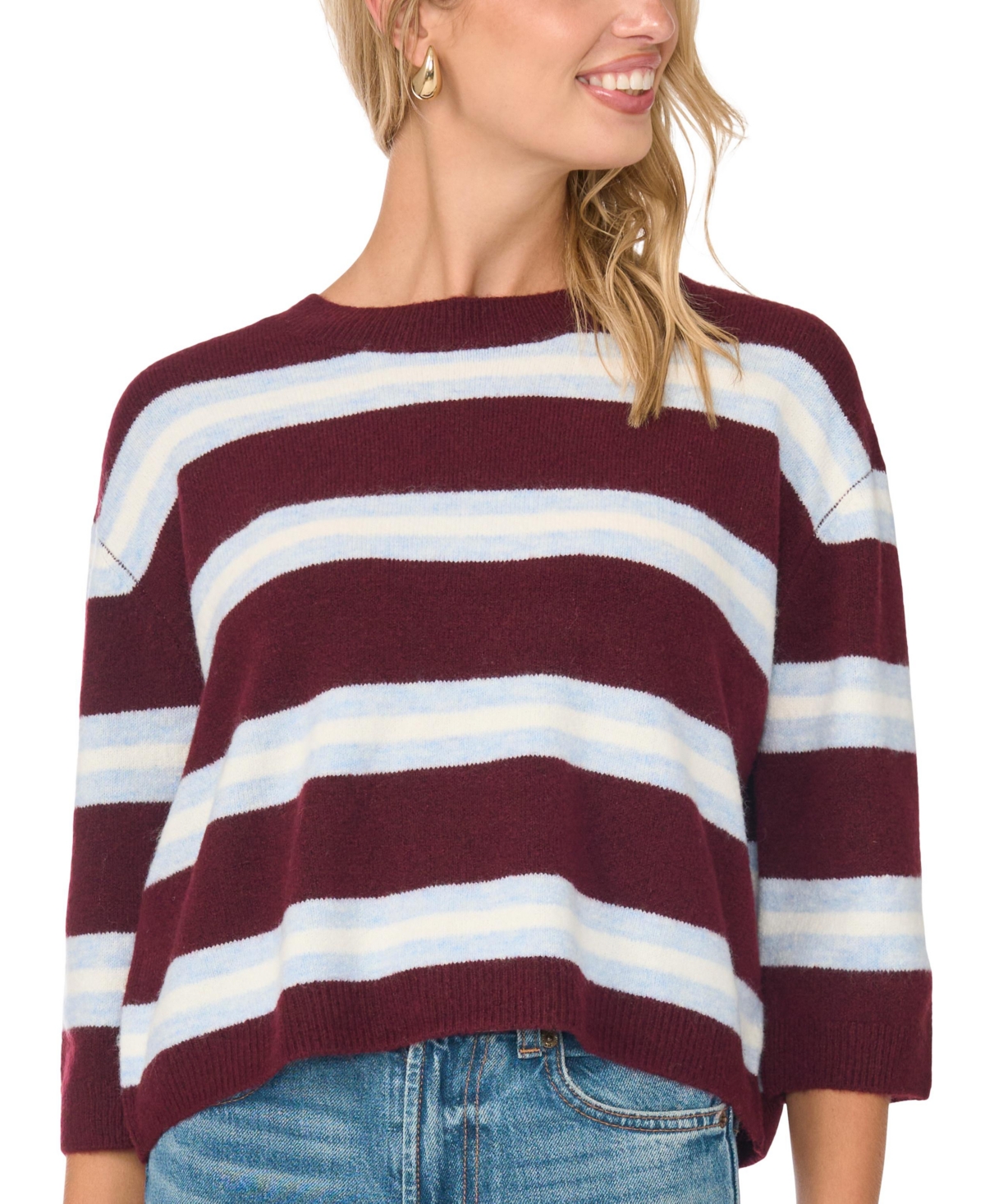Vince Camuto Women's Striped Loose Crewneck Sweater - Wine