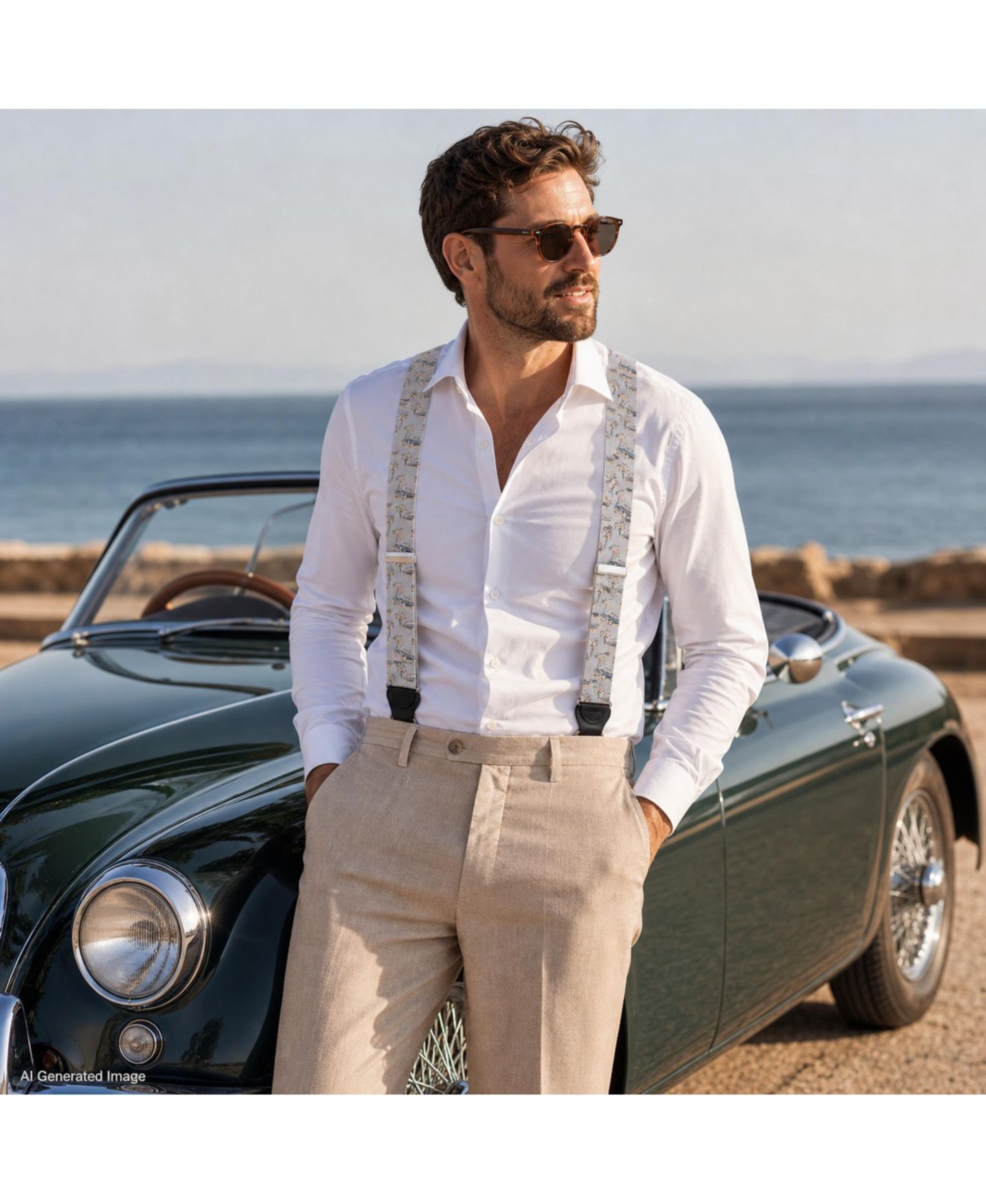 Мужские подтяжки TRAFALGAR Summer Cruise Nights Silk Vintage Automobile Print Leather Button-End Suspenders, цвет: Серебряный — фото 5