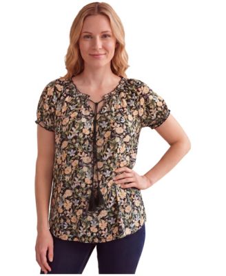 Women's A-Line Scoop Neck Ruffle Trim 100% Cotton Cambric Peasant Blouse
