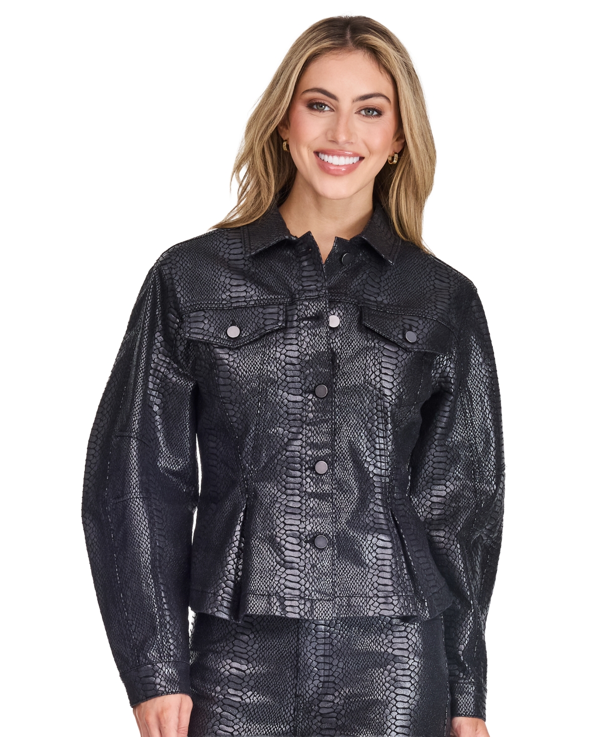 Kittenish Women's Janae Animal-Print Peplum Faux Leather Jacket - Black Snake Coating