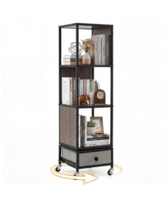 4-Tier Rotating Bookshelf on Wheels with Removable Drawer