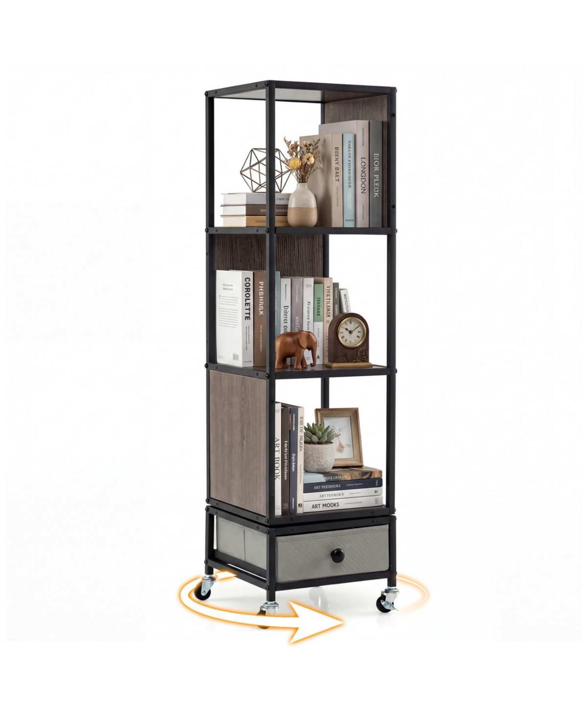 Mecale 4-Tier Rotating Bookshelf on Wheels with Removable Drawer - Gray
