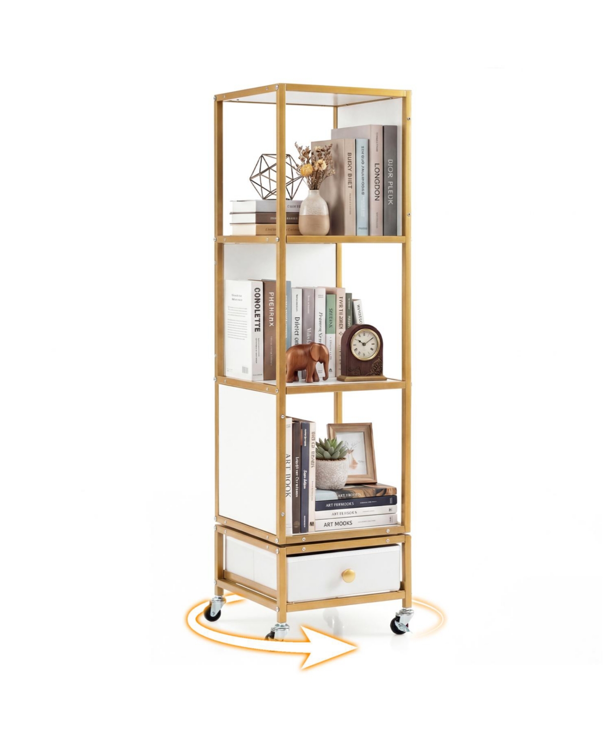 Mecale 4-Tier Rotating Bookshelf on Wheels with Removable Drawer - White