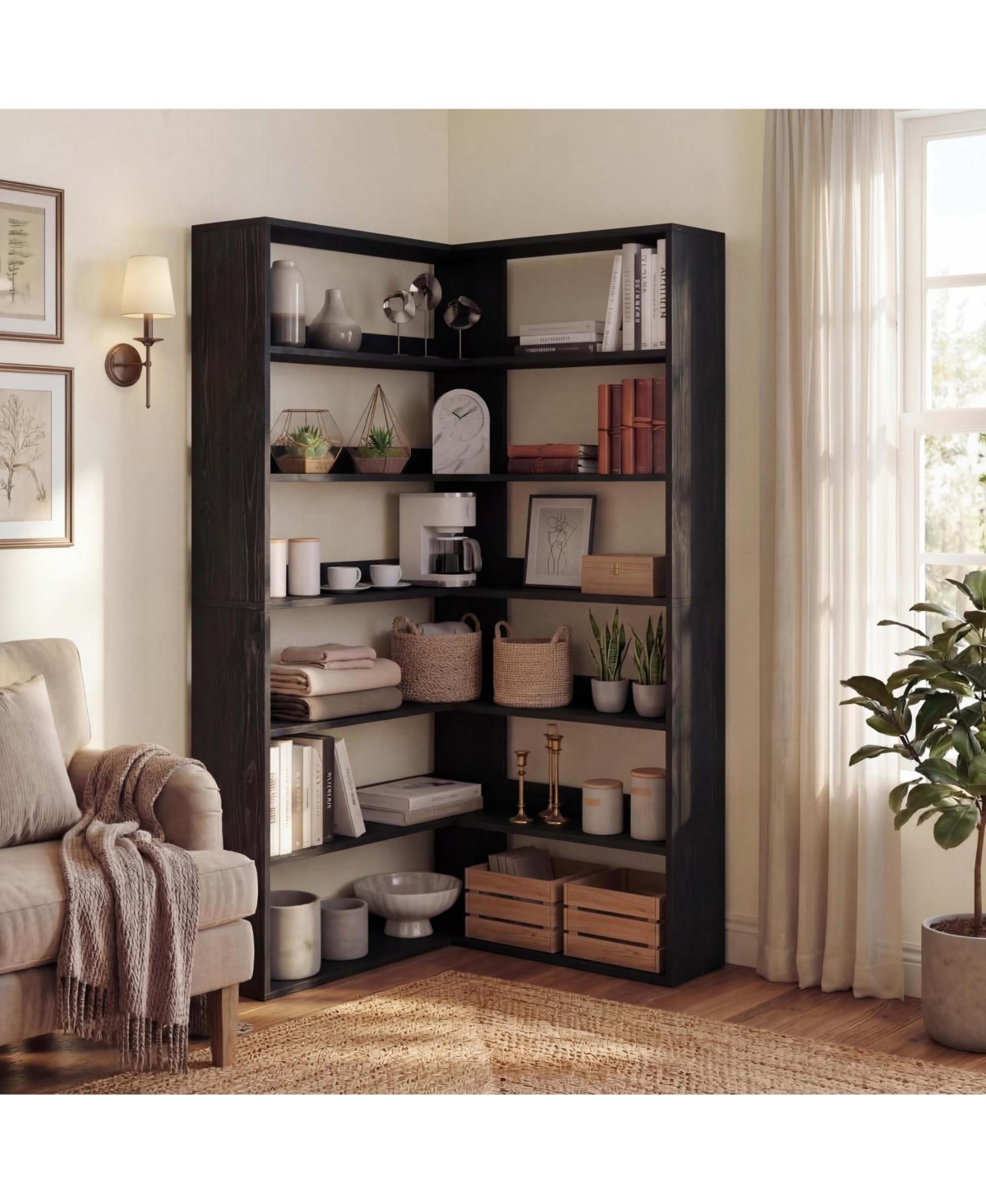 homfan 6 Tier L-Shaped Corner Bookshelf Tall Bookcase with Open Storage Baffle Design 80 Lbs Capacity for Living Room Office