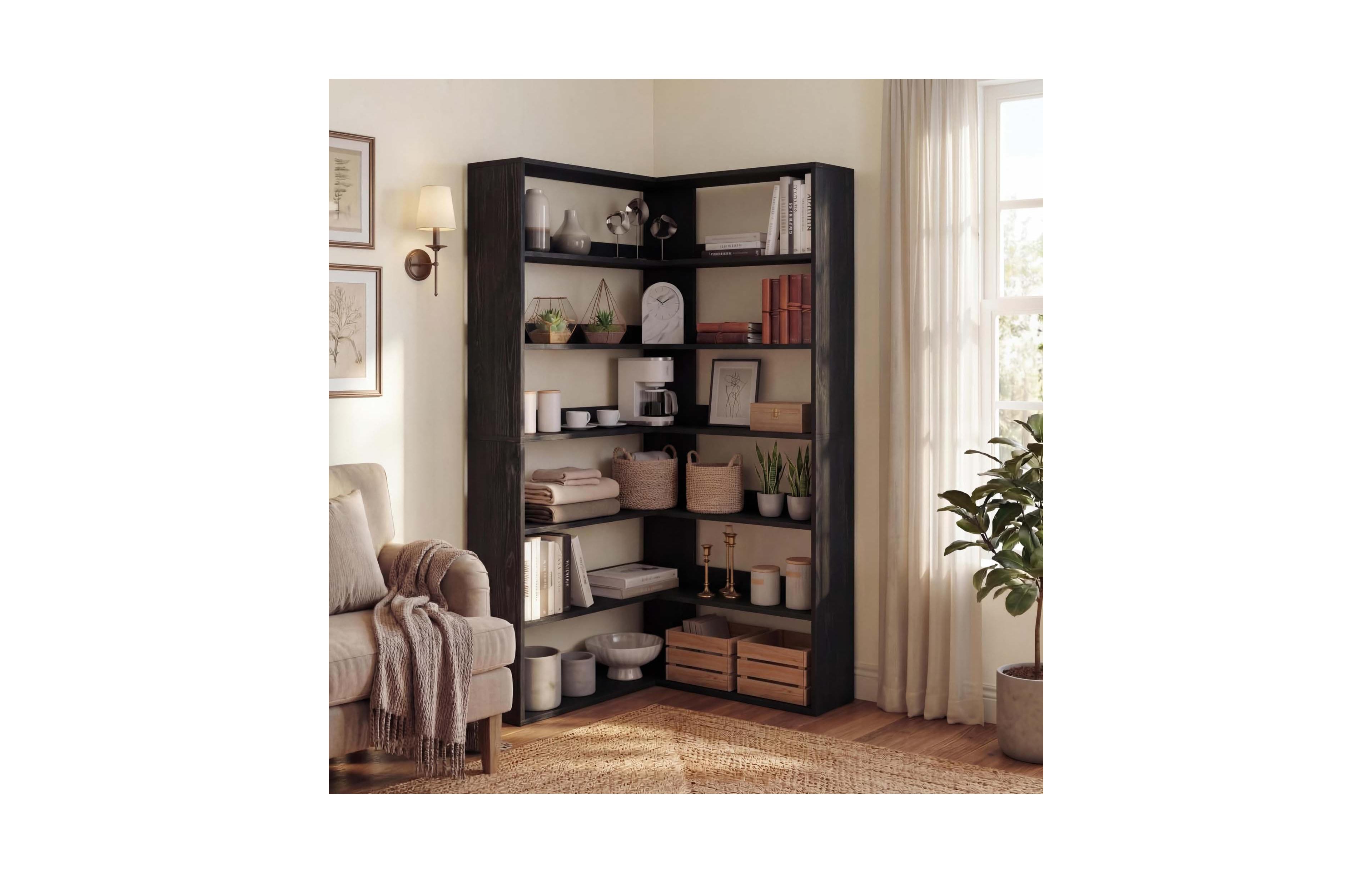 homfan 6 Tier L-Shaped Corner Bookshelf Tall Bookcase with Open Storage Baffle Design 80 Lbs Capacity for Living Room Office