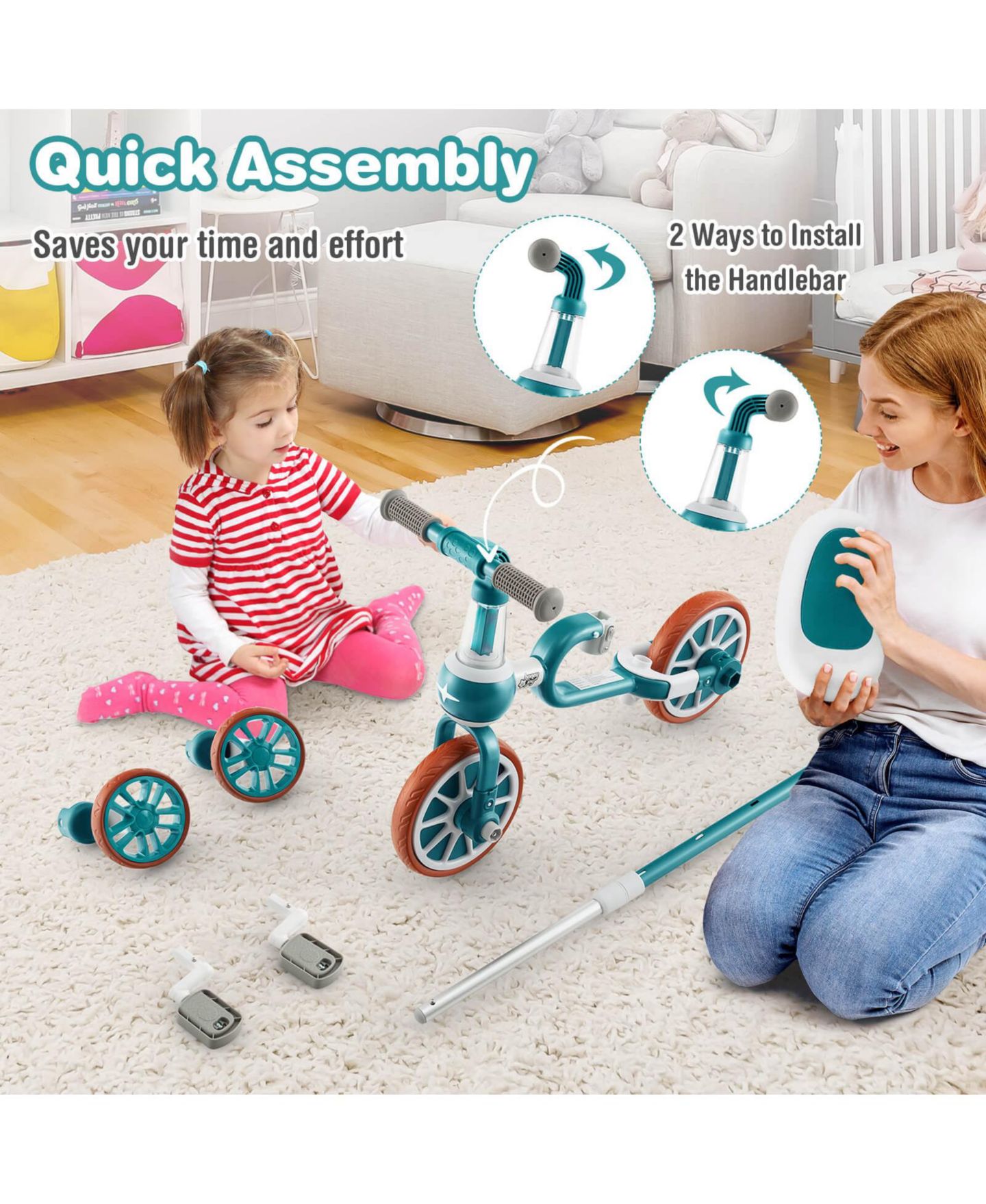 Детская игрушка Costway 4-in-1 Push Handle Training Wheels Kids Tricycle, 66 lbs. Capacity, 2–4 года, цвет: Зелёный — фото 8