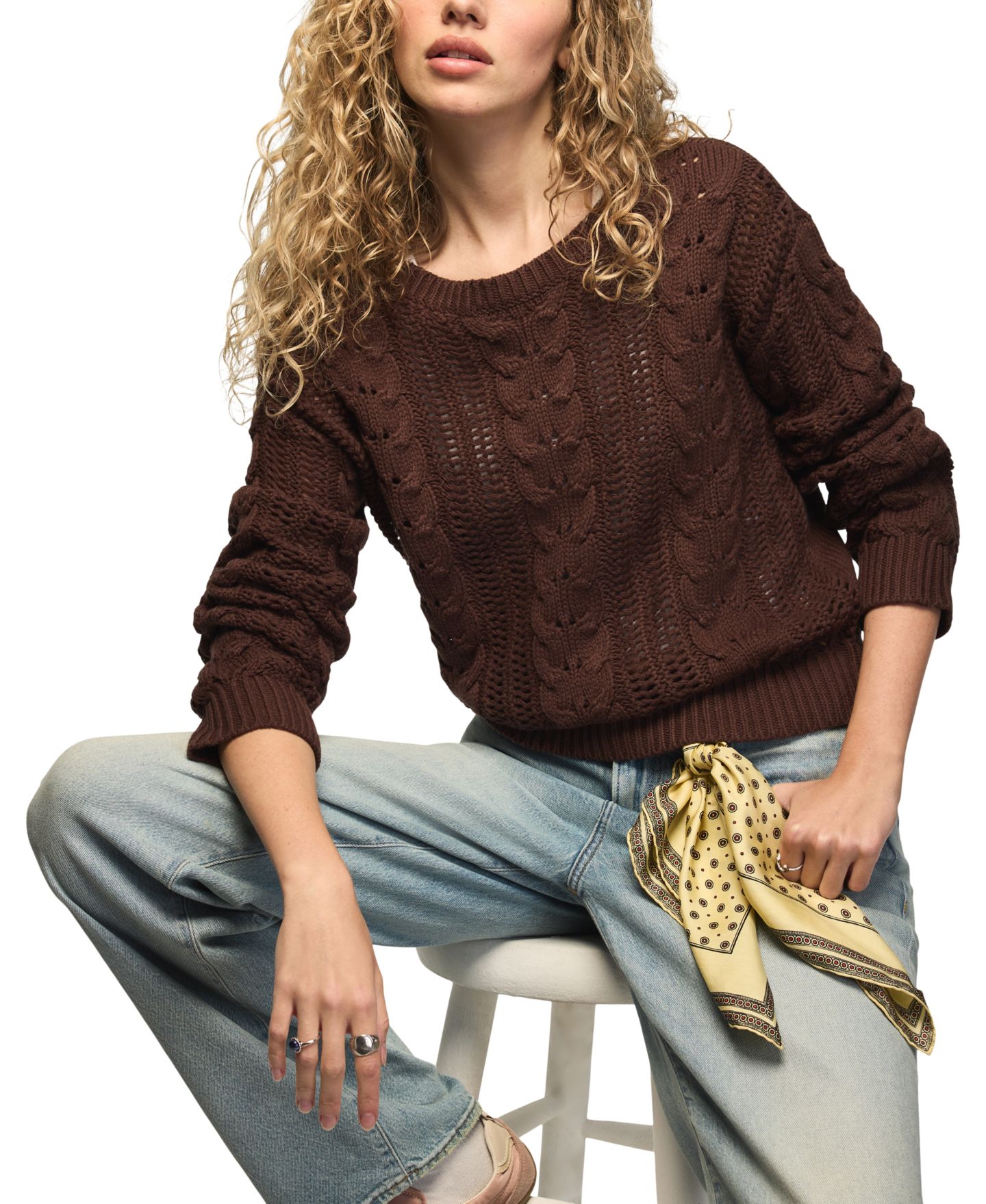 Женский свитер Lucky Brand Open Cable Crewneck, цвет: Hot Fudge — фото 5
