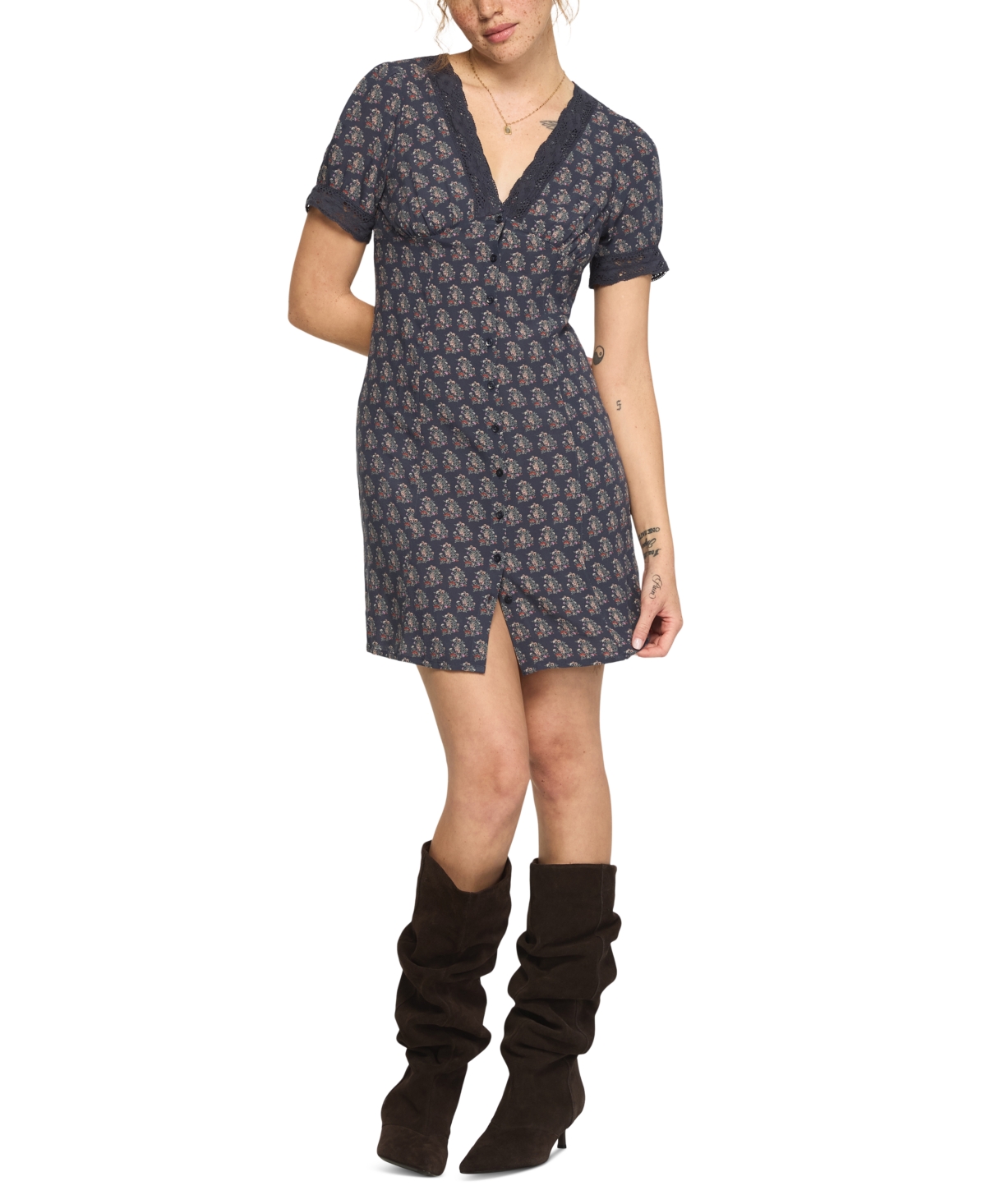 Lucky Brand Women's Lace-Trimmed Short-Sleeve Mini Dress