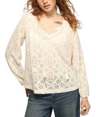 Women's Long-Sleeve Lace Peasant Top