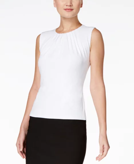 Pleat Neck Sleeveless Top, Regular and Petite Sizes - White