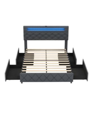 Full Queen Size Bed Frame with Adjustable Storage Headboard and Wooden Slat Support Full