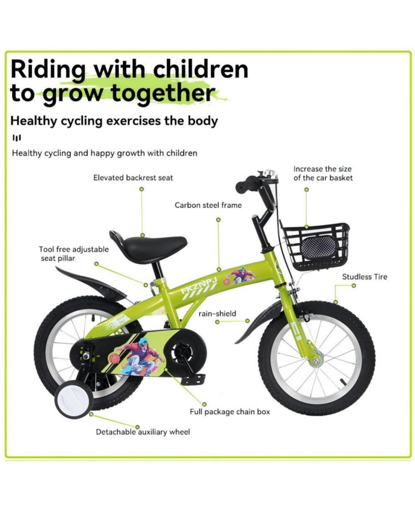 Детская игрушка ECHTPeak 18-Inch Steel-Frame Kids' Bike with Training Wheels and Storage Basket, 5–10 лет, цвет: Зелёный — фото 5