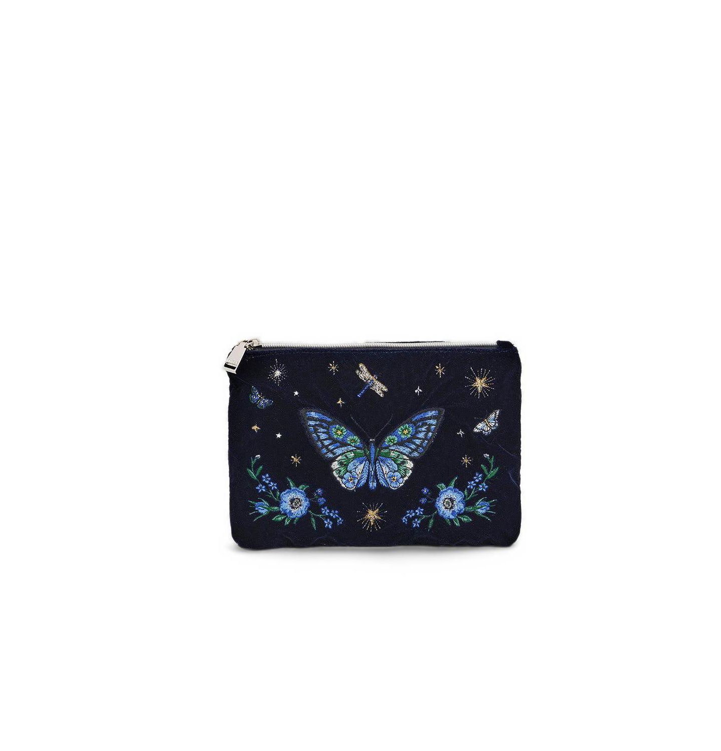 Женские кошельки Fable England Butterfly Embroidered Velvet Pouch, 8.2" x 5.9" x 0.7", цвет: Тёмно-синий — фото 1