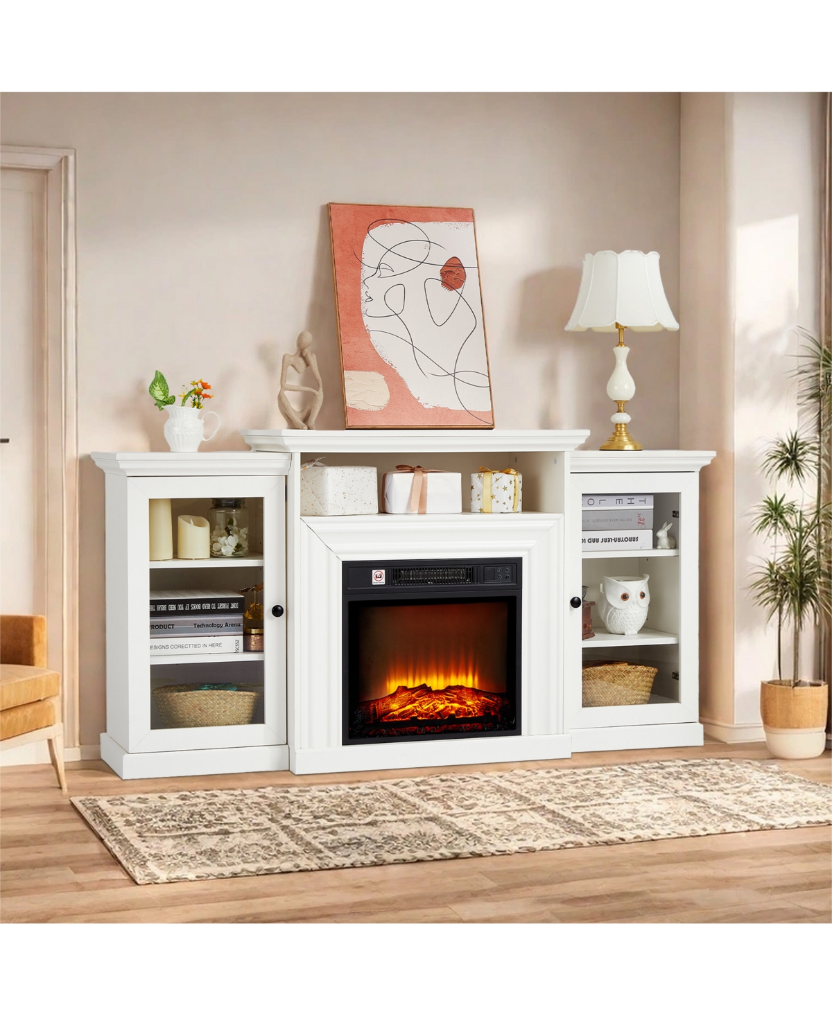 homfan 60" Fireplace Tv Stand with Removable 18" Electric Insert, Farmhouse Wood Entertainment Center with Storage Cabinets, Drawers, Remote and Timer