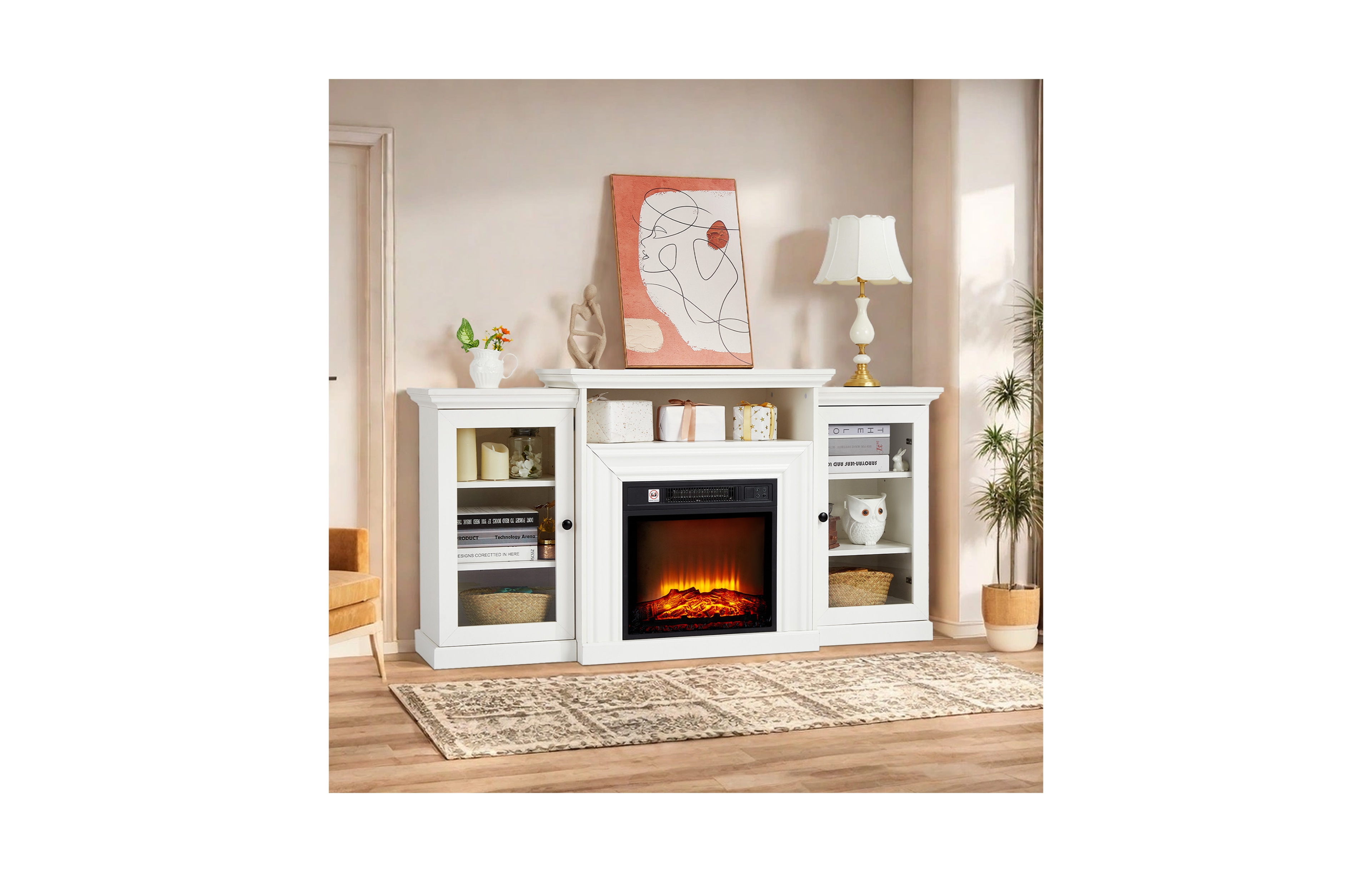homfan 60" Fireplace Tv Stand with Removable 18" Electric Insert, Farmhouse Wood Entertainment Center with Storage Cabinets, Drawers, Remote and Timer