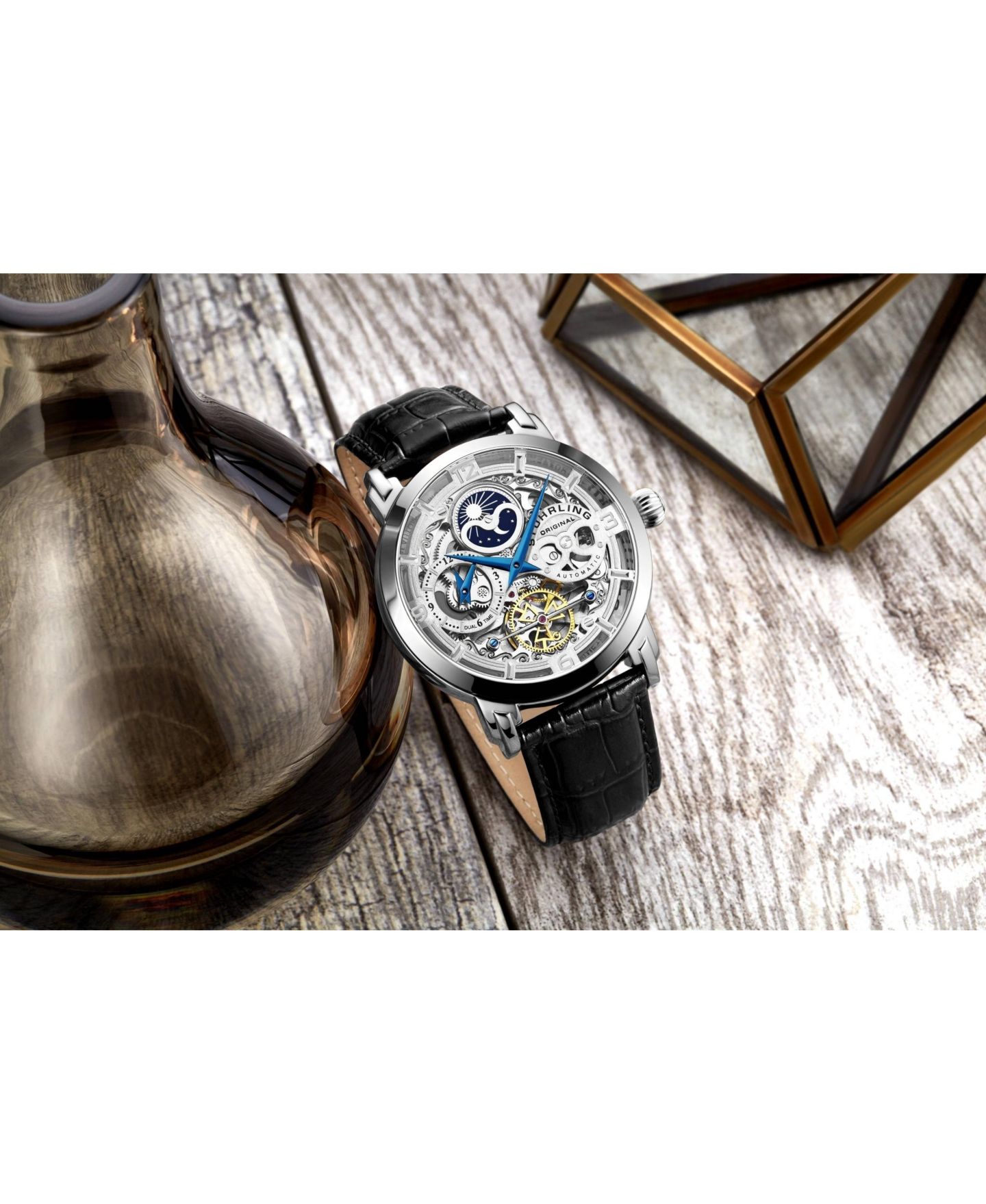 Мужские часы Stuhrling Anatol Automatic Skeleton Dual-Time Black Leather, 47mm — фото 4