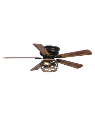 48" Antique 5-Blade Farmhouse Wood Caged Flush Mount Ceiling Fan with Light