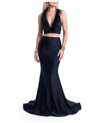 Women's Feather-Trim Two-Piece Mermaid Evening Gown
