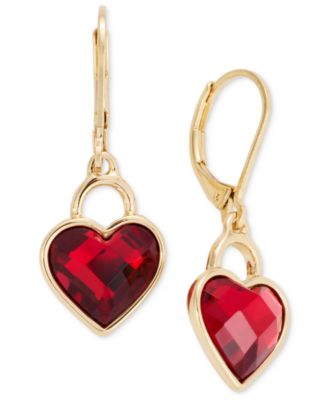 Gold-Tone Plastic Crystal Heart Motif Drop Earrings