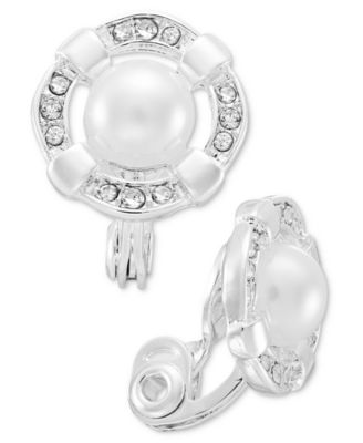 Imitation Pearl & Stone Silver-Tone Openwork Clip Earrings